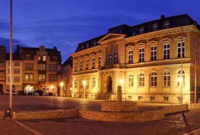Mühlhausen: Panorama Aufnahme Obermarkt+ Steinweg in der Abenddämmerung