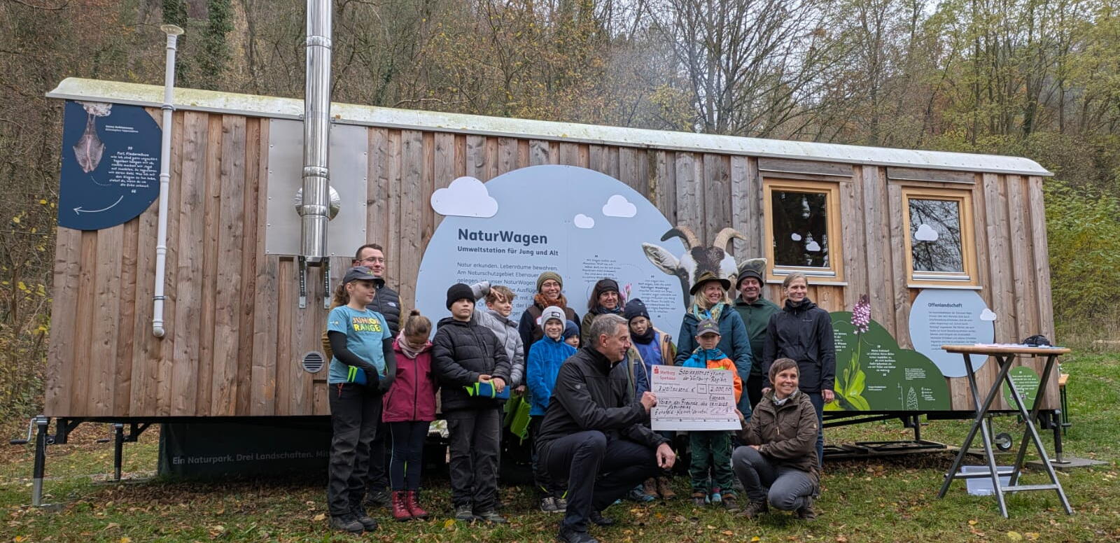 Eine Gruppe Menschen steht von einem Bauwagen. Im Vordergrund wird ein Fördercheck gezeigt.