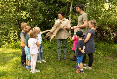 Beim Umweltbildungsprogramm zur Wildkatze zeigt eine Mitarbeiterin vom Naturpark den Kindern ein Fell einer Wildkatze