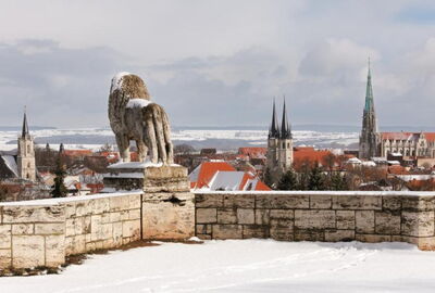 Mühlhausen: Blick vom Löwendenkmal auf Mühlhausen im Winter