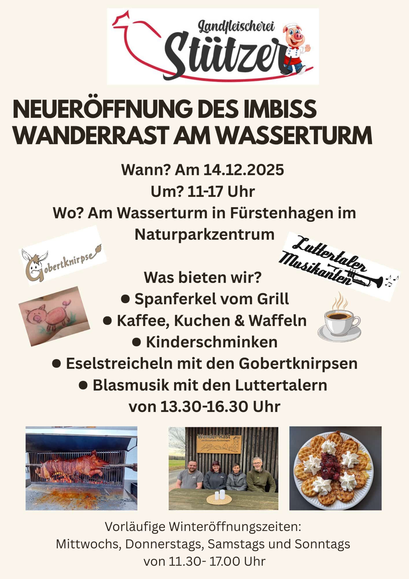 Veranstaltungsplakat zur Neueröffnung der Wander-Rast am 14. Dezember