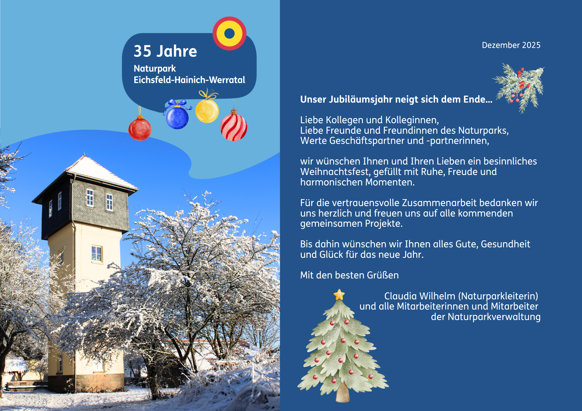 Auf der Weihnachtskarte ist links ein Bild vom verschneiten Wasserturm abgebildet. Daneben findet sich der Weihnachtsgruß der Verwaltung.