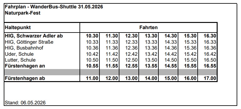 Abgebildet ist der Busfahrplan für das Naturparkfest.